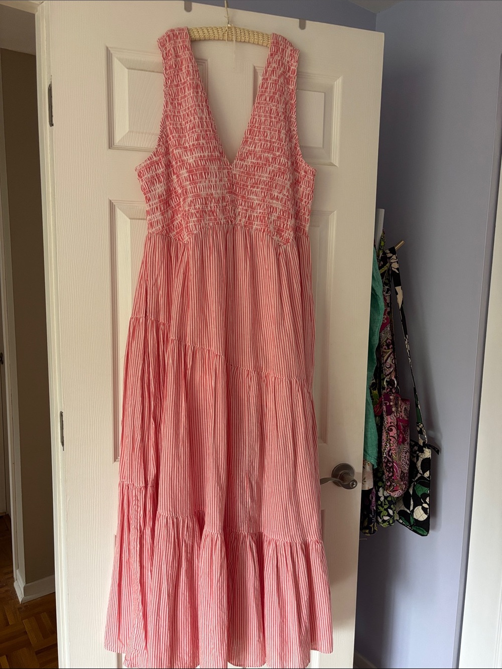 Free People white & Soft Red Striped, Smock top Tiered Maxi Dress